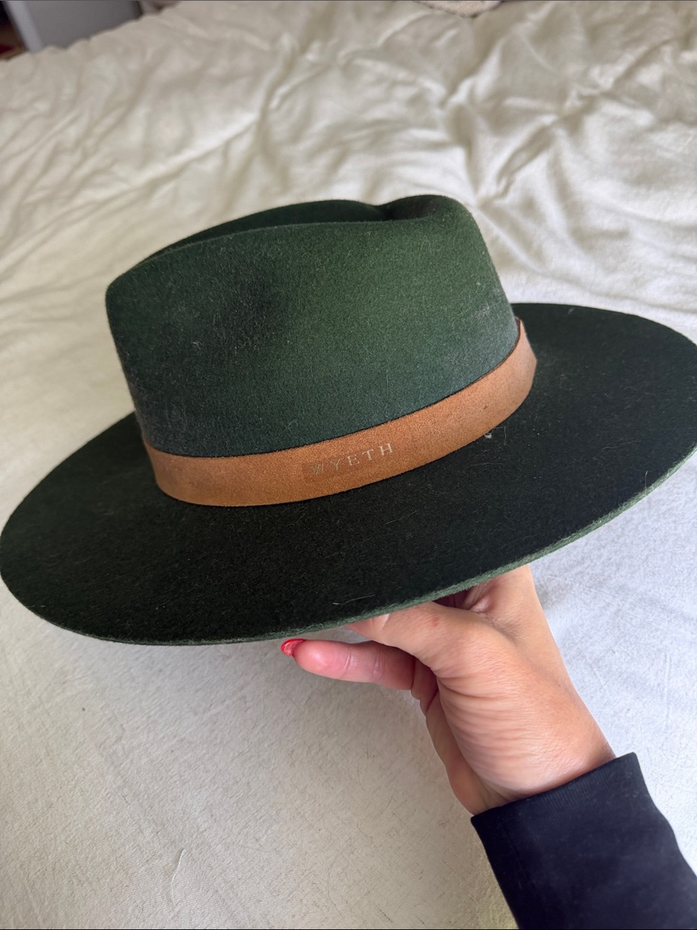 WYETH Forest Green Wide-Brim Wool Fedora with Brown Leather Band.